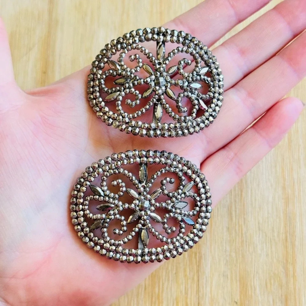 VTG Victorian Antique Pair Steel Cut Sash Shoe Buckle Made In France Lattice